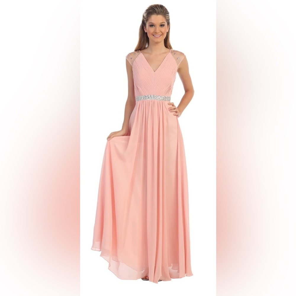 🆕Dancing Queen- 9182 Illusion cap Blush Chiffon Evening Dress- Size Medium